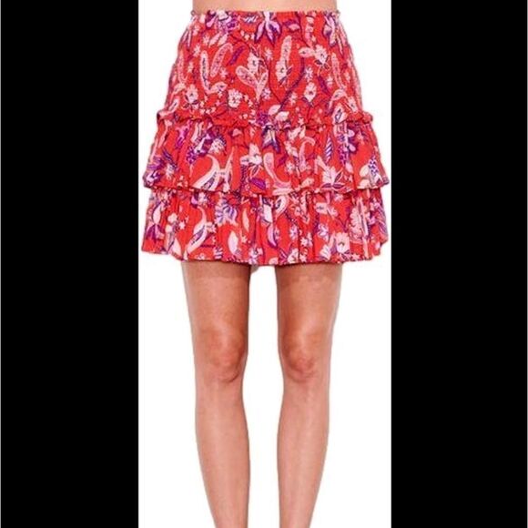 SUNDRY- REDFLORAL TIEREDSKIRT CHERRY sz 1/S - Picture 1 of 8